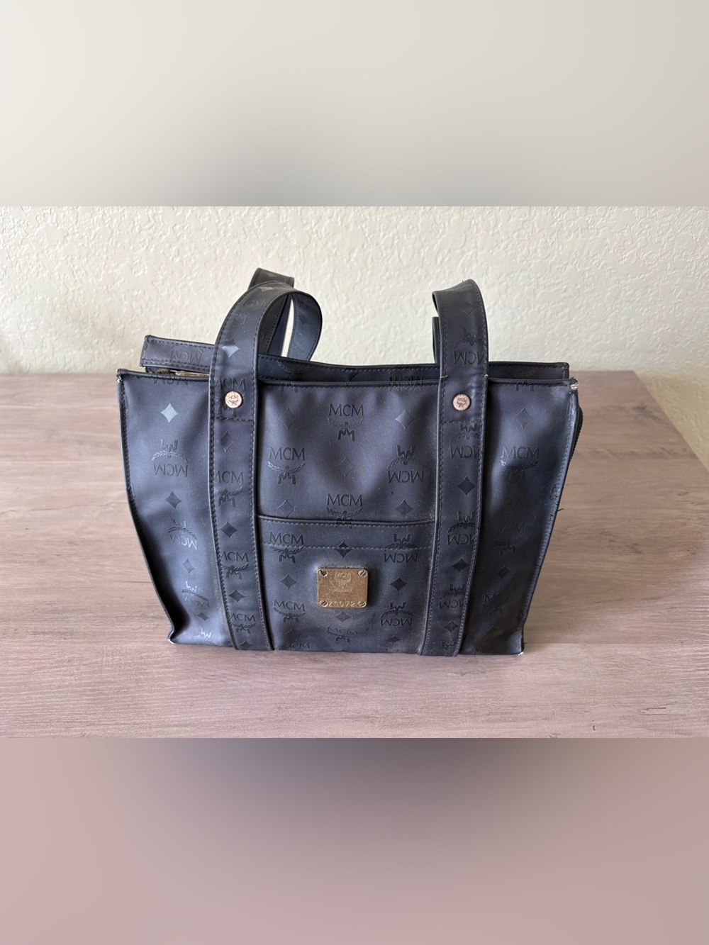 Vintage MCM München Black Monogram Zip Top Shoulder Tote Bag